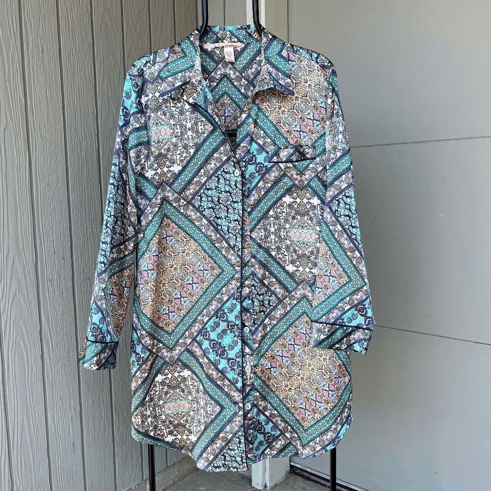 VTG 90s Victoria's Secret Silky Satin Blouse in Vibrant Geometric Print - NW